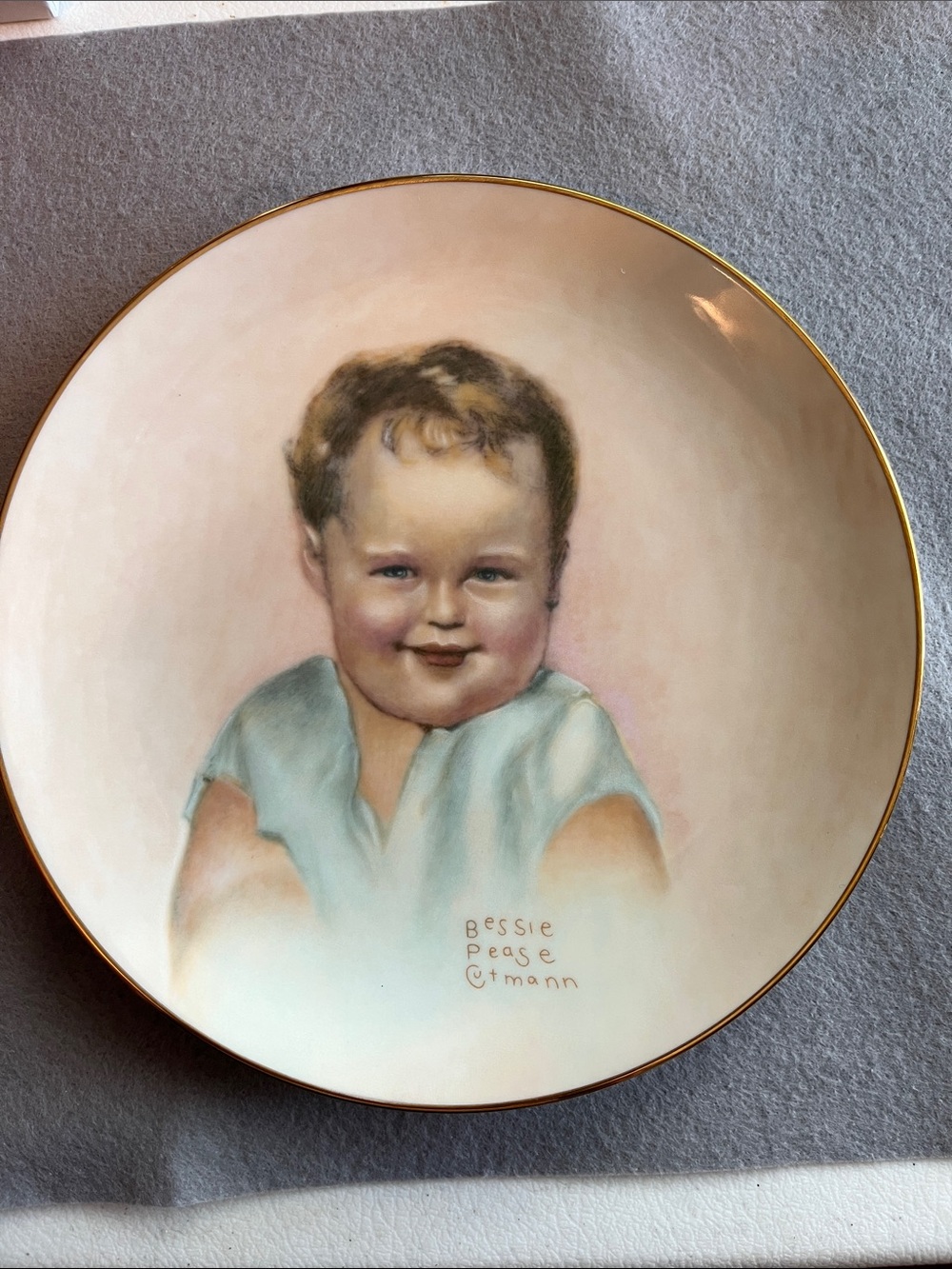 Porcelain Collectible Plate with Baby Portrait in Pastel Blue and Gold Trim